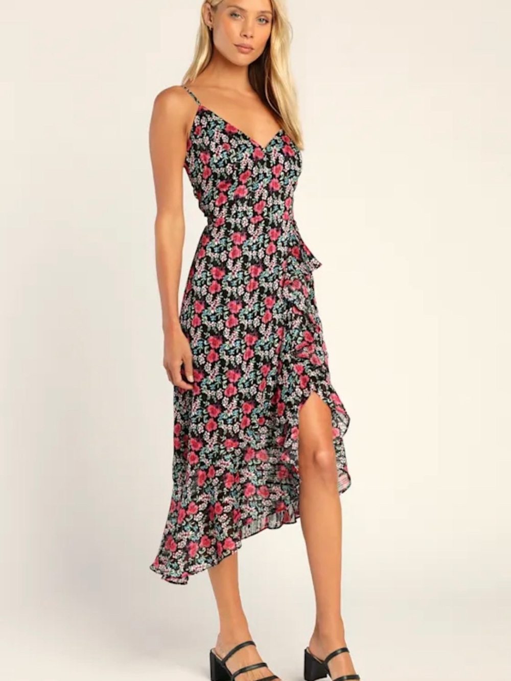 Lulus Black Floral Ruffled Midi Dress Size S Boho Metallic Milkmaid